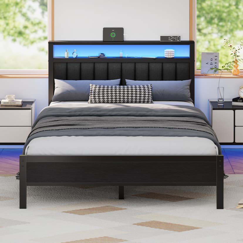 Furnulem Queen Size Bed Frame with Charging Station and LED Lights, Platform Bed with Metal Slats, Grey Upholstered Headboard with 2-Tier Storage Shelves, No Box Spring Needed