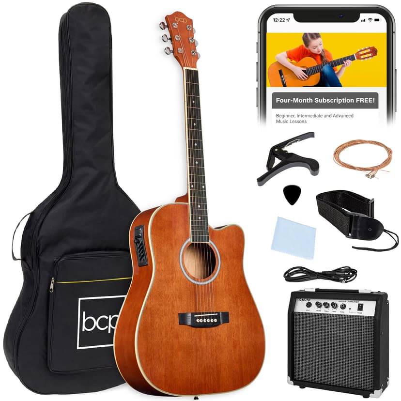Best Choice Products Beginner Acoustic Electric Guitar Starter Set w/ 41in, All Wood Cutaway Design, Gig Bag, Strap, Picks - Natural Mahogany