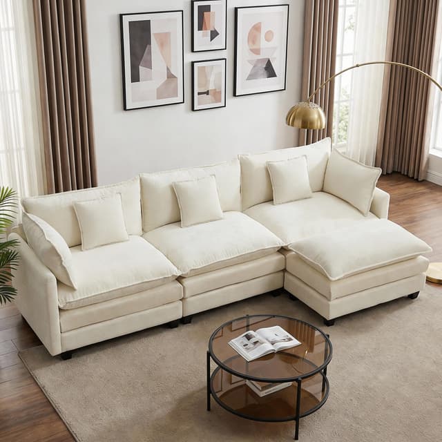 OwgeinSet 113” Modular Sectional Sofa, L Shaped Cloud Couch with Movable Ottoman, Comfy Chenille Deep Seat Sofa with Throw Pillows, 4 Seat Modern Couches for Living Room Bedroom Apartment, Beige