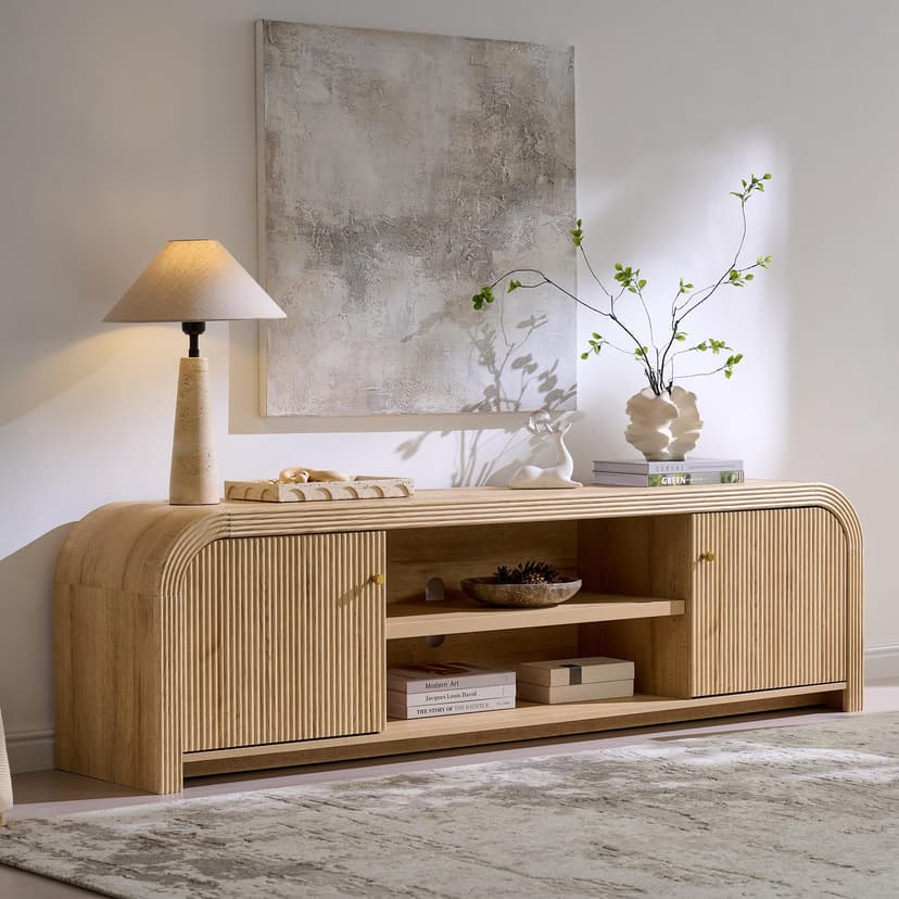 T4TREAM 70" Modern Fluted TV Stand, Long TV Table Entertainment Center with Storage, Media Console for Living Room with Door and Adjustable Shelves (Natural Oak)