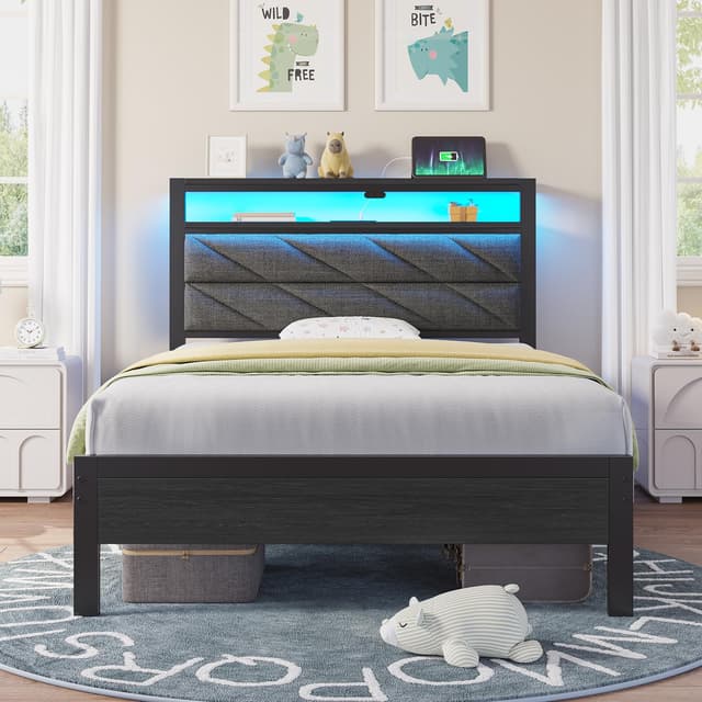 Seventable Bed Frame Twin Size with Charging Station, LED Bed with Upholstered Storage Headboard, Metal Platform Bed with Under Bed Storage, No Box Spring Needed, Noise Free, Easy Assembly, Grey
