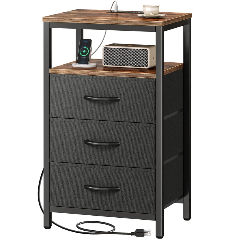 Huuger Nightstand with Charging Station, 27.6 Inch End Table Bedside Table with USB Ports and Outlets, Fabric Drawers, Night Stand for Bedroom, Rustic Brown and Black