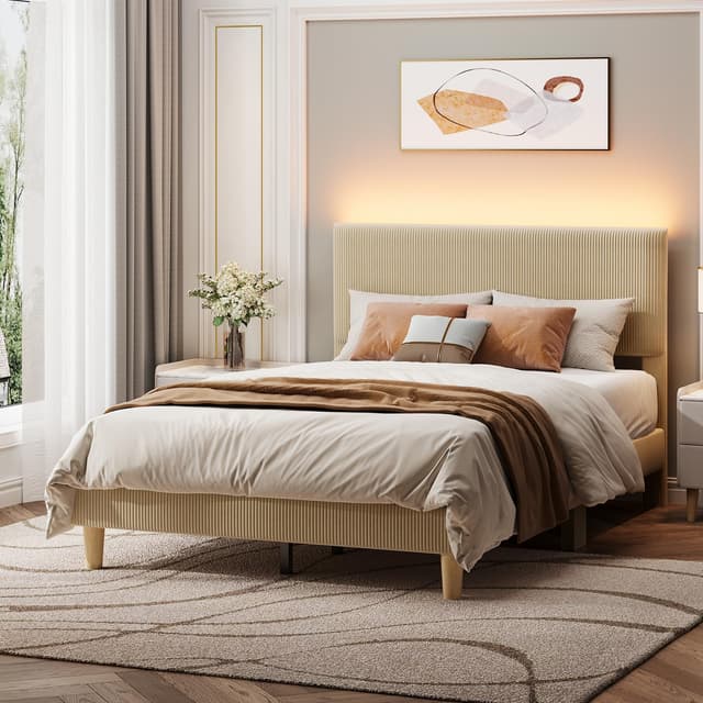 Bestier Full Size Bed Frame with Adjustable Headboard,LED Lighting,Vertical Channel Tufted Corduroy Upholstered, Solid Wooden Slats Support,No Box Spring Needed,Never Squeaks,Easy Assembly, Taupe