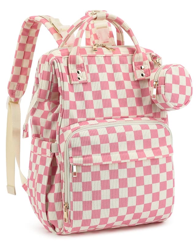 Corduroy Diaper Bag Backpack, Large Capacity Multifunction Baby Diaper Bags for Women, Insulated Bottle Pockets & Pacifier Case, Stylish Travel Nappy Changing Bags for Mom Dad (Checkered Pink)
