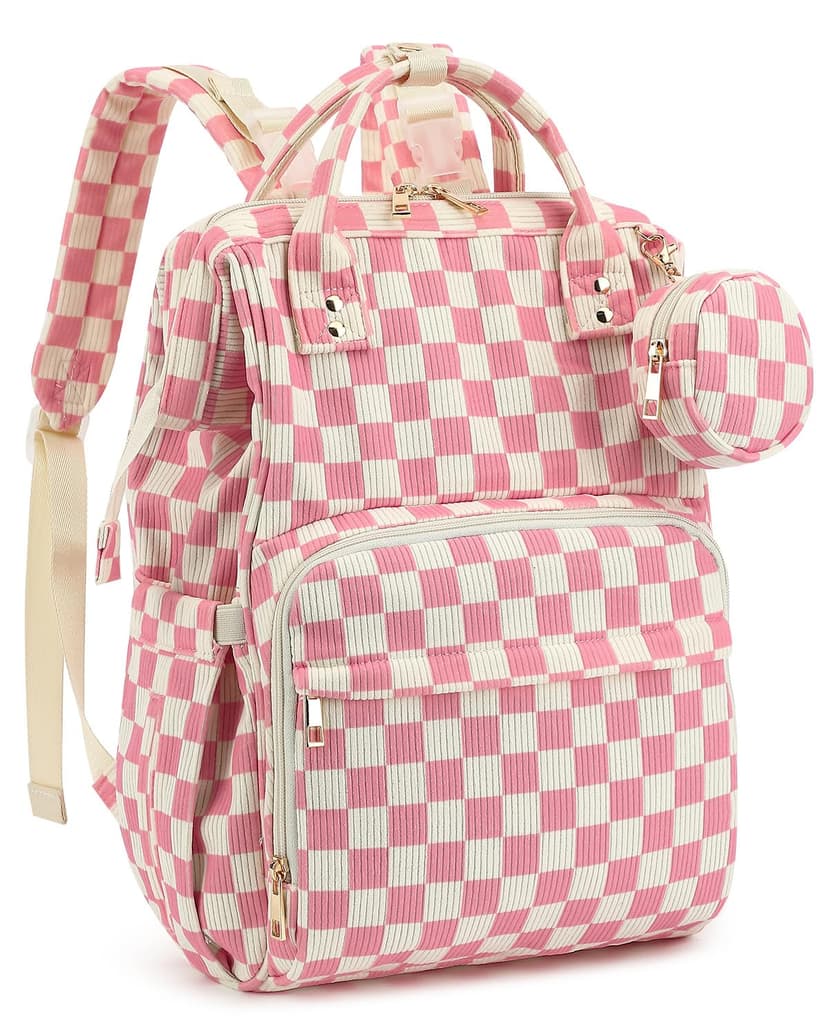 Corduroy Diaper Bag Backpack, Large Capacity Multifunction Baby Diaper Bags for Women, Insulated Bottle Pockets & Pacifier Case, Stylish Travel Nappy Changing Bags for Mom Dad (Checkered Pink)