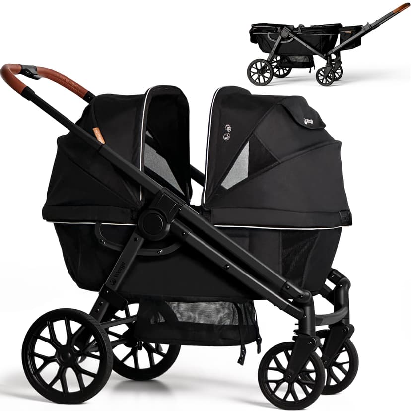 Wagon Stroller for 2 Kids, All-Terrain with Removable UV-Protection Canopy , Adjustable Push/Pull Handle, Snack Tray & Cup Holders, Perfect for Baby and Toddler（Black)