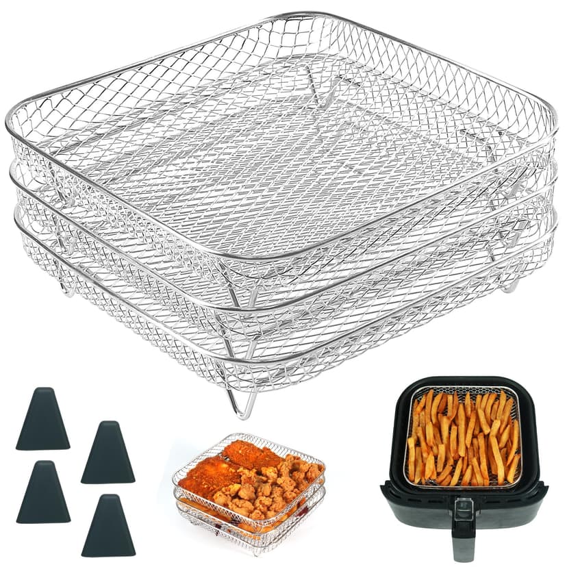 BYKITCHEN 8 inch Square Air Fryer Rack, 3pcs Stackable Stainless Steel Dehydrator Rack with Silicon Feet, Square Air Fryer Accessories for Cosori, Instant Vortex, Ninja Pro XL 6.5 QT AF181 & More