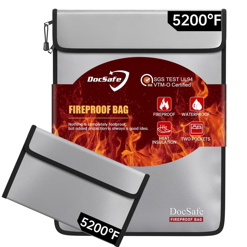 DocSafe Fireproof Document Bag (5200℉) with Fireproof Organizer Travel Case,Heat Insulated Fire＆Water Resistant 8 Layers Safe Money Bag Storage for Important Documents,Cash,Power Bank,Valuables,Gray