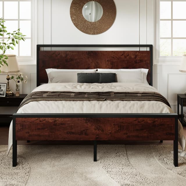 Allewie Full Size Platform Bed Frame with Wooden Headboard and Footboard, Heavy Duty 12 Metal Slats Support, No Box Spring Needed, Under-Bed Storage, Noise Free, Easy Assembly, Mahogany