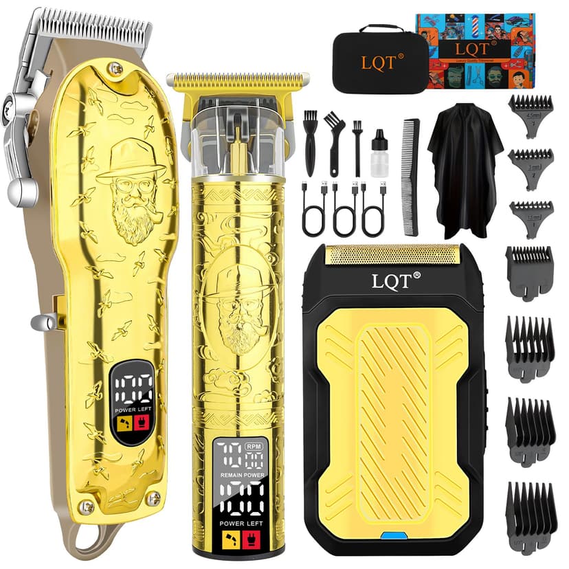 LQT Professional Hair Clipper Set for Men Electric Shaver Razor Cordless Hair Cutting Barber Clippers Beard Trimmer Men’s Grooming Kit Gifts for him (Gold)