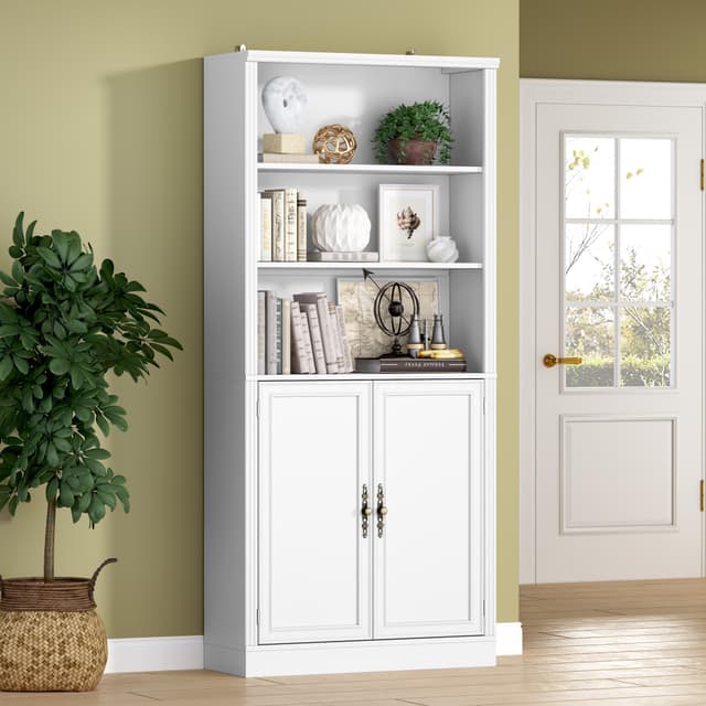 BORNOON 70.1" Tall Bookshelf with Cabinet, 5-Tier Floor Standing Bookcase with Doors & Adjustable Shelves, 31.5" Wide Storage Shelf, Metal Handles, Modern Organizer for Home Office, Living Room