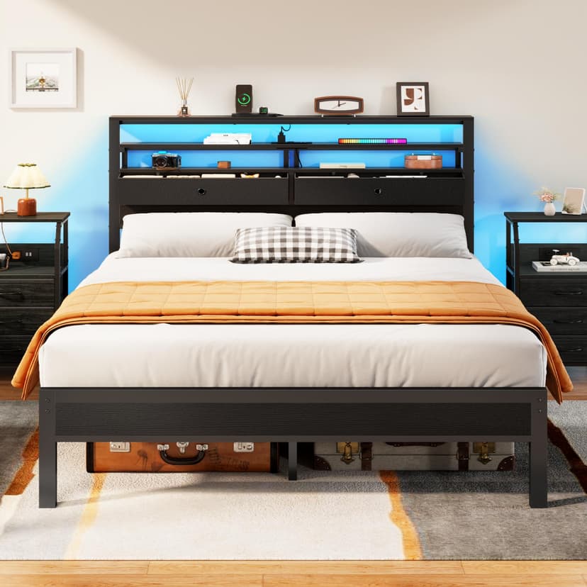 Furnulem Full Size Bed Frame with Headboard & 2 Fabric Drawers, Full Platform Bed Featuring LED Lights, Built-in Charging Station & Storage Shelves, Metal Slats, No Box Spring Needed – Black Oak