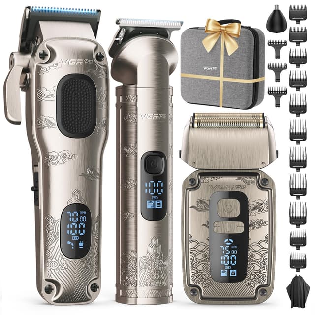 Hair Clipper & Trimmer Set for Men Professional, Waterproof Electric Razor Foil Shaver for Men Face Beard, Cordless for Hair Cutting, 4-Speed Setting, LED Battery Display, Barber or Home Use (Silver)