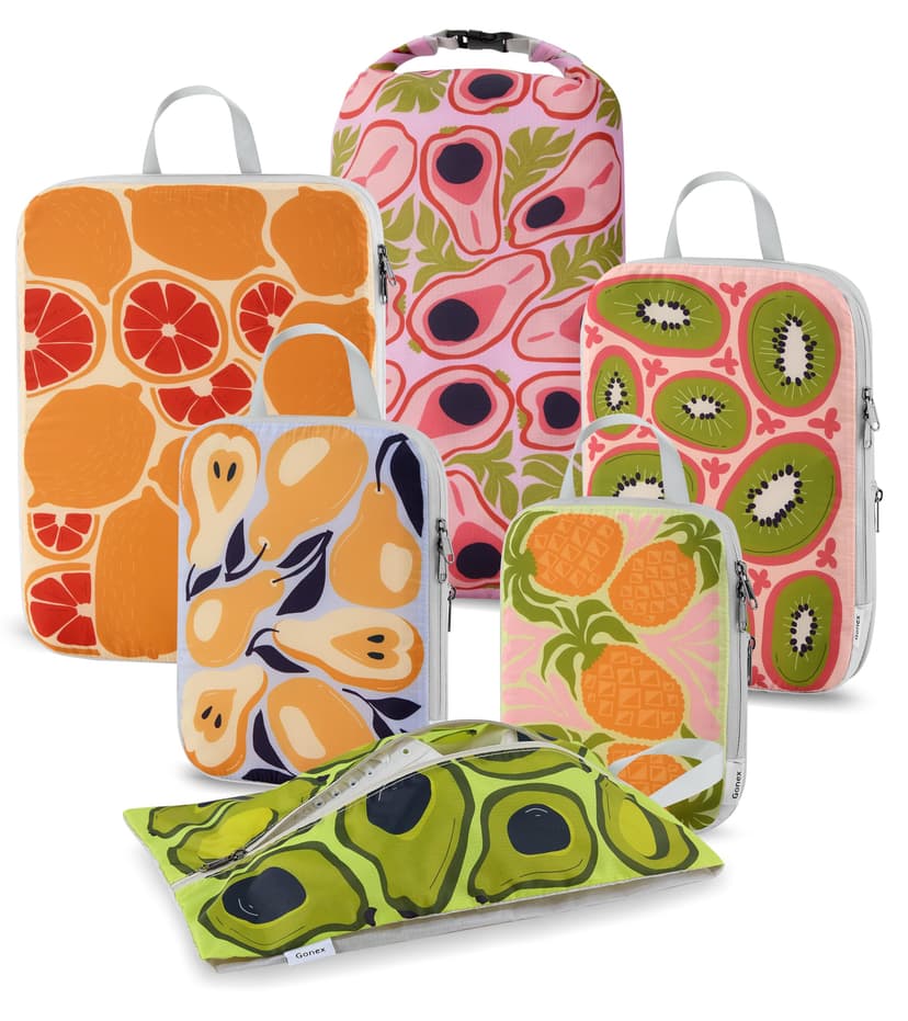 Gonex Compression Packing Cubes, 6pcs Expandable Storage Travel Luggage Bags Organizers with Shoe Bag Laundry Bag, Travel Cubes for Suitcase Carry On (Fruit)