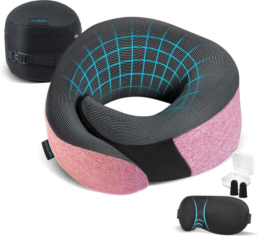 Proglobe Pink Airplane Travel Pillow Set, 100% Pure Memory Foam Neck Pillow, Updated Material, Long Flight Travel Kit with 3D Contoured Eye Masks, Earplugs, and Luxury Bag