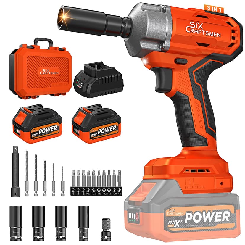 SIX CRAFTSMEN 21V Cordless Impact Wrench, 1/2" Brushless Impact Driver Kit 516Ft-lbs (700N.m) with 2*4.0Ah Batteries,4 Sockets,10 Drill Bits,High Torque Electric Impact Gun for Car Tire Truck RV Mower