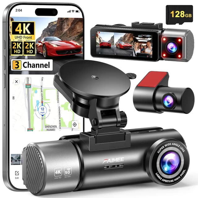 4K+2K+2K 3 Channel Dash Cam Front and Rear, 128GB Card Included, Dash Camera for Cars 5.8G/2.4G Dual Wifi, Built-in GPS, Night Vision, WDR, 170°Wide Angle, G-Sensor Emergency Lock, 24H Parking Monitor