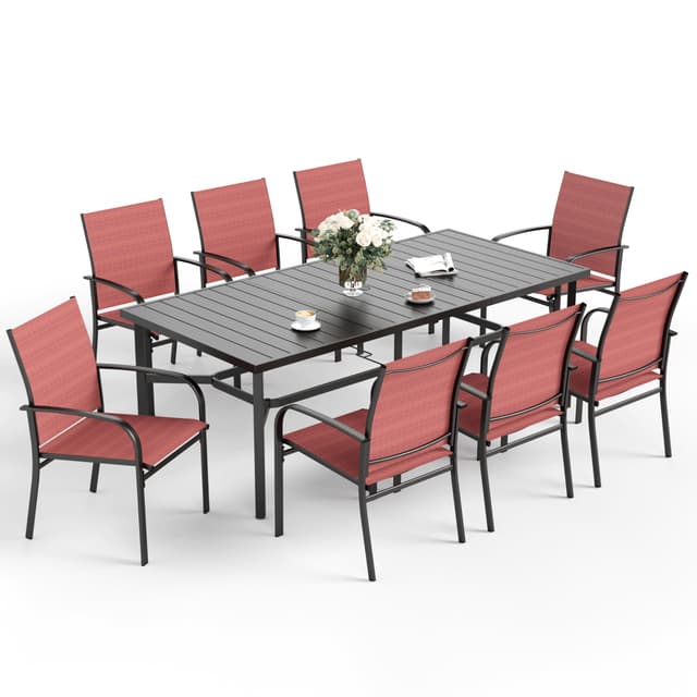 SUNSHINE VALLEY Patio Dining Set 9 PCS, 8 Stable Outdoor Dining Chairs with Rectangular Dining Table, Patio Table and Chairs Set for Lawn,Garden,Deck and Backyard