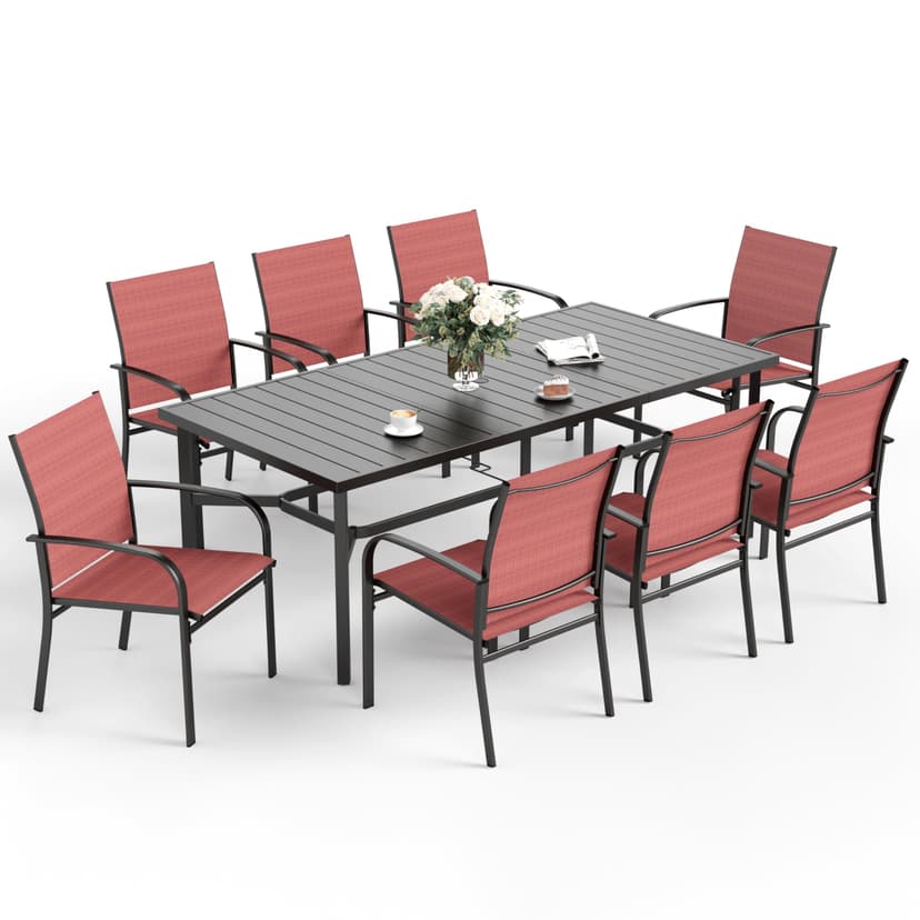 SUNSHINE VALLEY Patio Dining Set 9 PCS, 8 Stable Outdoor Dining Chairs with Rectangular Dining Table, Patio Table and Chairs Set for Lawn,Garden,Deck and Backyard