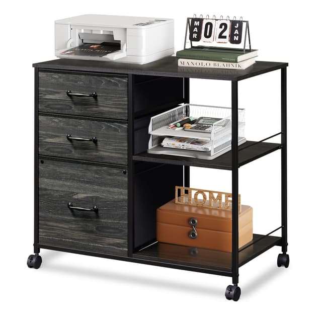 DEVAISE 3 Drawer File Cabinet, Mobile Filing Cabinet Rolling Printer Stand with Open Storage Shelf, Fabric Lateral Filing Cabinet fits A4 or Letter Size for Home Office, Charcoal Black Wood Grain