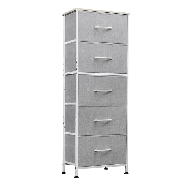 WLIVE Fabric Dresser, 5-Drawer Tall Dressers for Bedroom, Storage Dresser Organizer with Fabric Bins, Wood Top, Sturdy Steel Frame, Chest of Drawers for Closet, Hallway, Light Grey