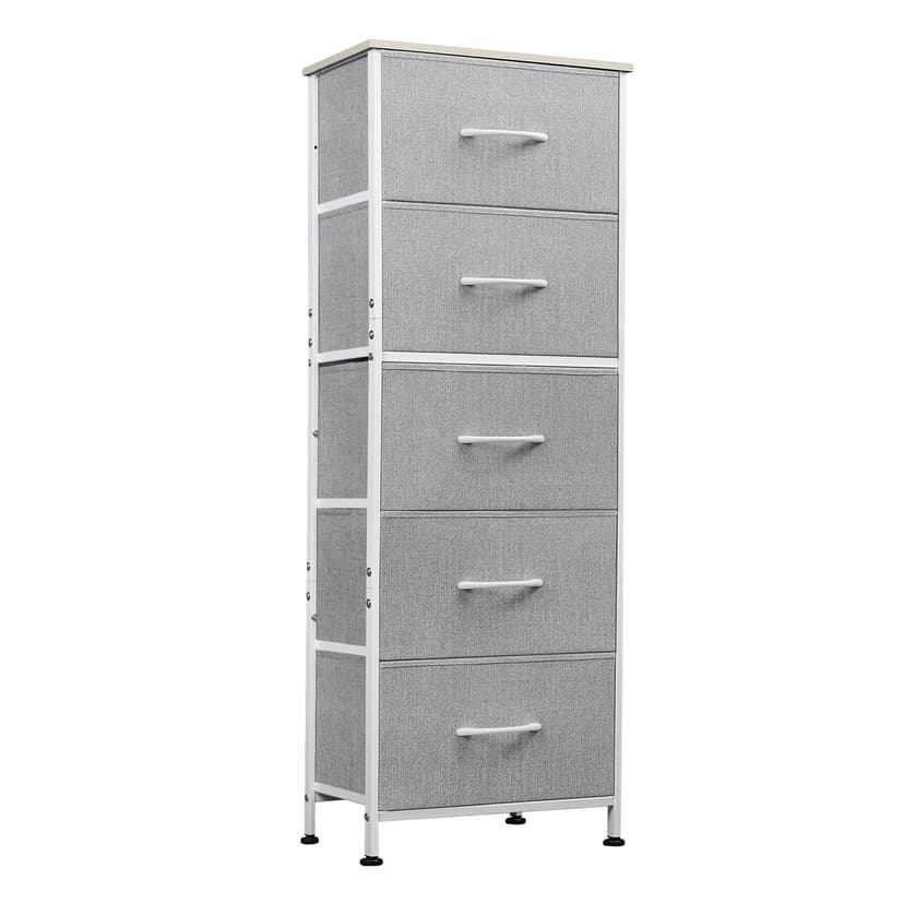 WLIVE Fabric Dresser, 5-Drawer Tall Dressers for Bedroom, Storage Dresser Organizer with Fabric Bins, Wood Top, Sturdy Steel Frame, Chest of Drawers for Closet, Hallway, Light Grey