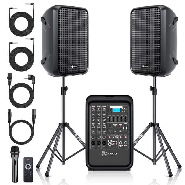 NBVOICE Professional Portable All-in-One Integrated 2-Way PA System Fixed Setup, Suitcase Design w/ 8-Channel Mixer, 2 Speaker Stands, Bluetooth, Mic for Performances, Presentations