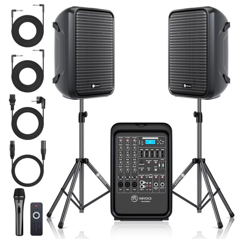 NBVOICE Professional Portable All-in-One Integrated 2-Way PA System Fixed Setup, Suitcase Design w/ 8-Channel Mixer, 2 Speaker Stands, Bluetooth, Mic for Performances, Presentations