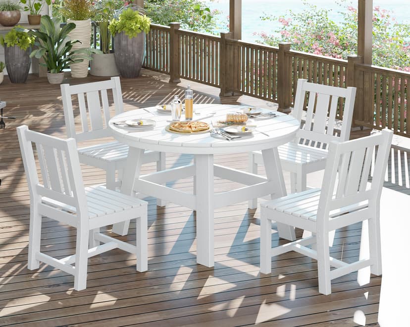 AMERLIFE 5 Piece HDPE Outdoor Dining Table & Chairs Set, All-Weather Patio Table and Chairs Set Furniture with Umbrella Hole for Garden, Backyard, Poolside, Seaside, White