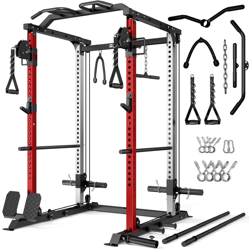 GOIMU DP01 Power Cage, 2000LBS Squat Rack with Cable Crossover and Dual Independent Pulley System, Full Cage for Full Body Training, Power Rack with More Training Attachments for Home Gym (Red)
