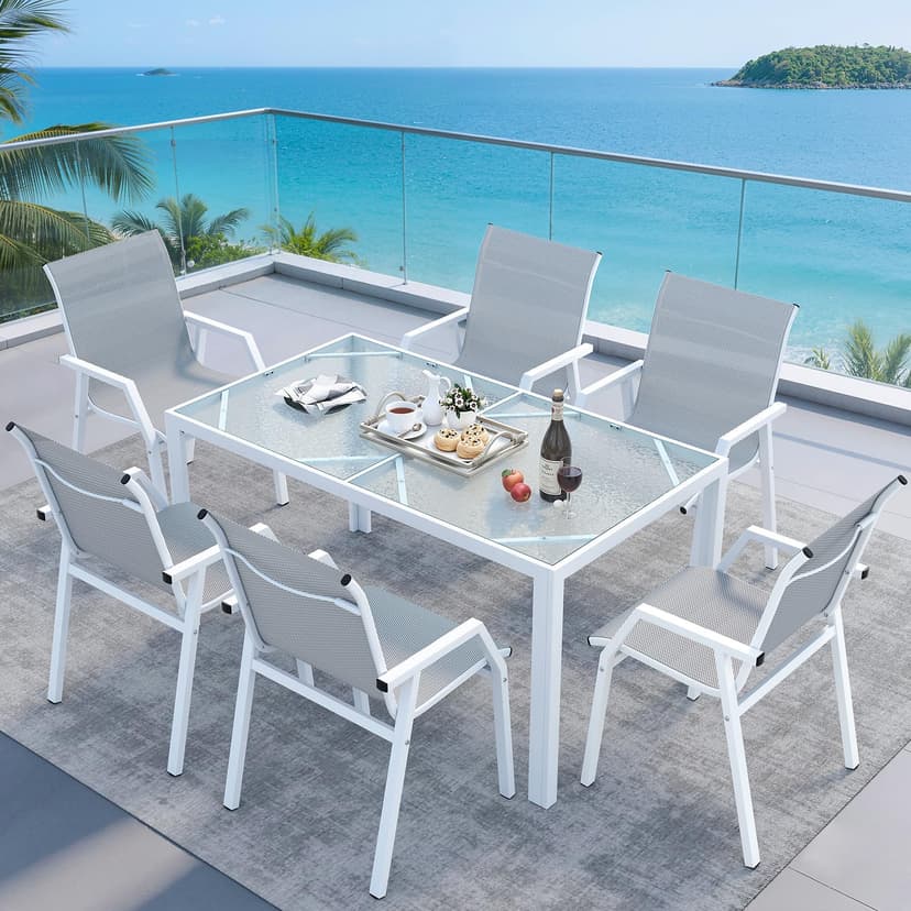 Jocoevol 7 Piece Patio Dining Sets for 6, Outdoor Table and Chairs Set with 59in Patio Dining Table and 6pcs Textilene Chairs, All Weather Furniture Set for Backyard Deck Garden