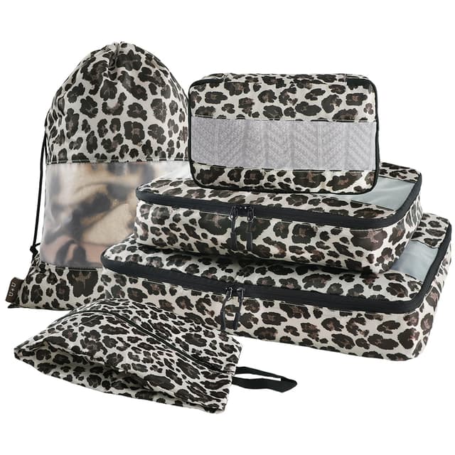 U+U 5 Set Packing Cubes for Travel Essentials Ultralight Luggage Packing Organizers with Laundry Bag and Shoe Bag for Vacation, Business Trip and Camping (Leopard)