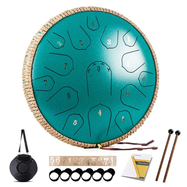 Steel Tongue Drum - HOPWELL 15 Note 14 Inch - Percussion Instrument - Hand Pan Drums with Music Book, Drum Mallets and Carry Bag, D Major, Malachite Green