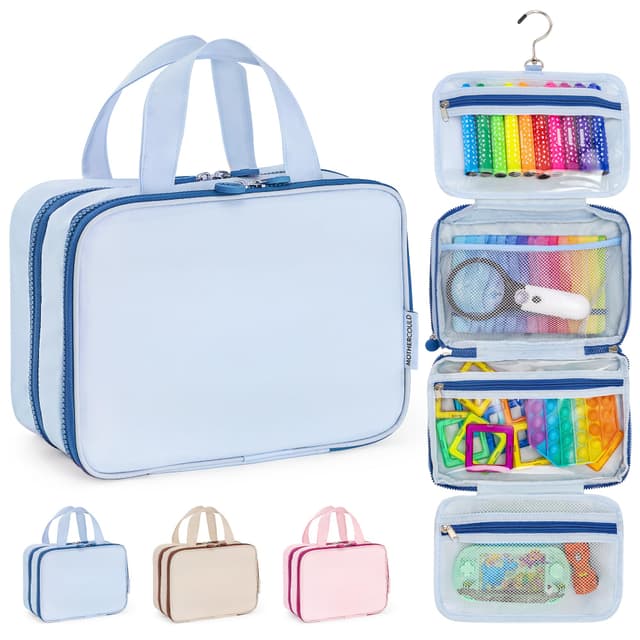 Kids Travel Organizer – Multi-Compartment, Water-Resistant Hanging Bag for Toys, Snacks, & Activities - Compact, Lightweight Design with Hook & Carry Handle - Perfect for Travel Use (Blue, Small)