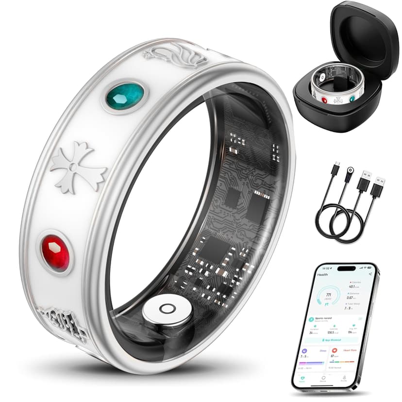 Smart Ring for Women,Fitness & Activity Tracker with Blood Oxygen/Heart Rate Monitor, Sleep Tracker, Step Counter, IP68 Waterproof Ring for iOS&Android, Fast Charge, No Subscription (Silver, Size8）