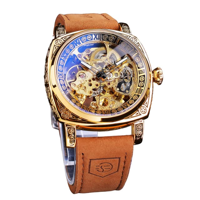 FORSINING Watches for Man, Square Retro Mechanical Watch Self-Wind Carved, Skeleton Automatic Watches Vintage Leather Strap Wristwatch