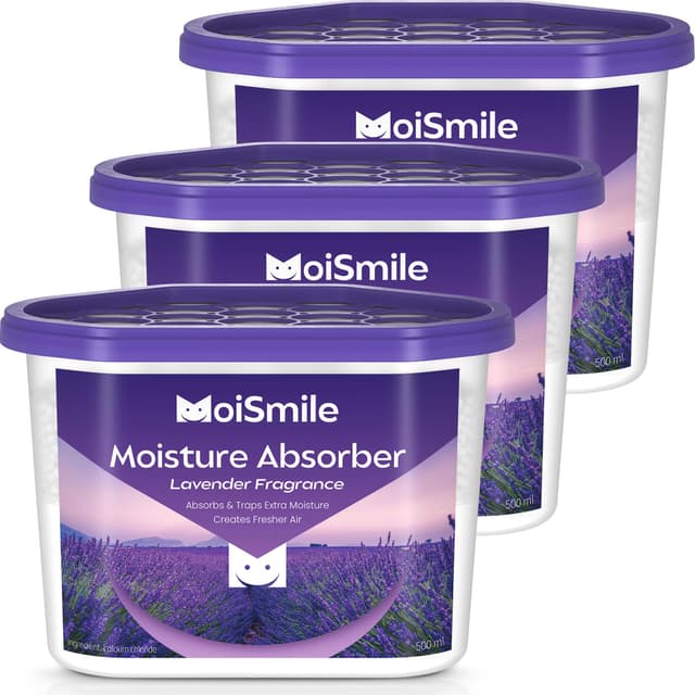 Moismile Moisture Absorbers, Efficient Lavender Vanilla Humidity Absorber ＆ Odor Eliminator Boxes, Refillable Car Dehumidifier for Closet, Bathroom, Basement＆ RV, 3 Pack