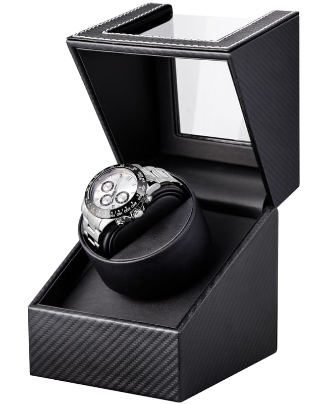 Watch Winder for Automatic Watches: Automatic Single Watch Winder Box, Rotating Watch Case in Black Carbon Fiber Leather, Watch Rotator with Japanese Quiet Motor, Battery Powered or AC Adapter