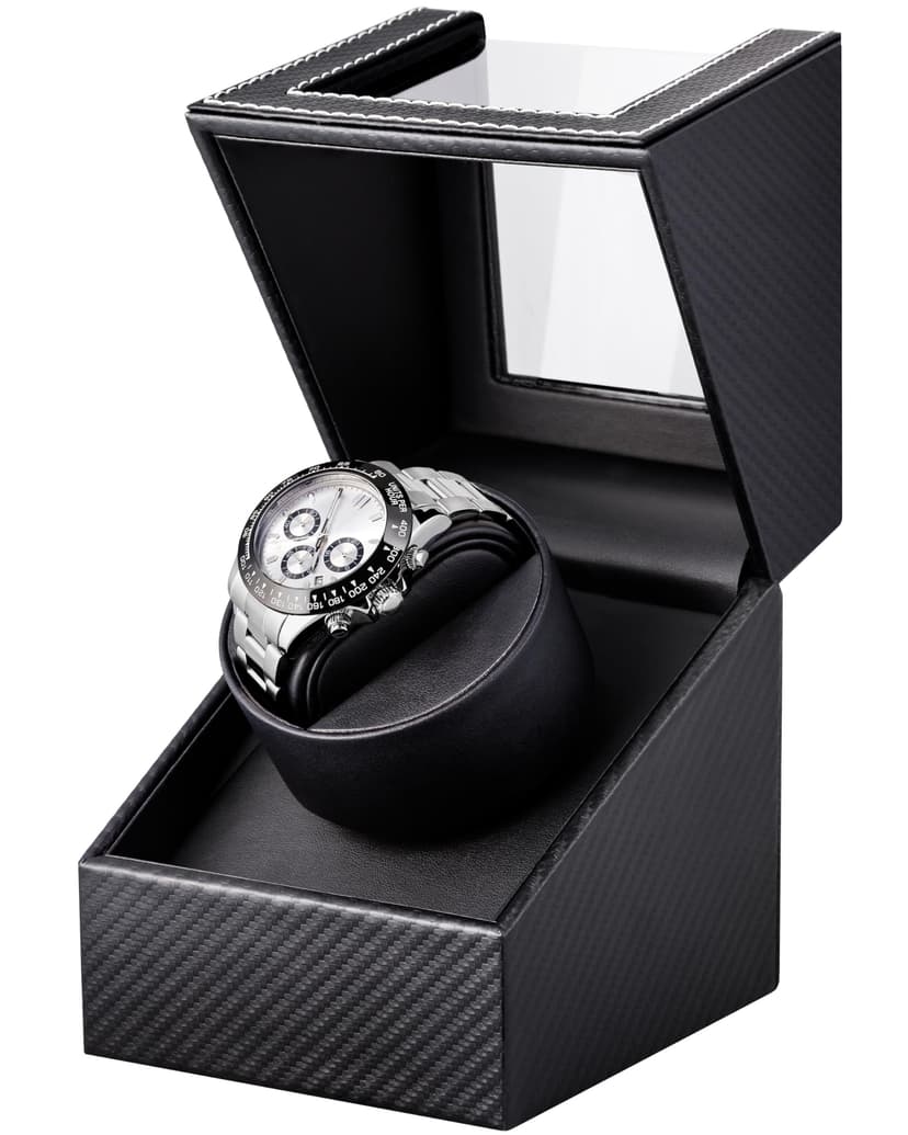 Watch Winder for Automatic Watches: Automatic Single Watch Winder Box, Rotating Watch Case in Black Carbon Fiber Leather, Watch Rotator with Japanese Quiet Motor, Battery Powered or AC Adapter