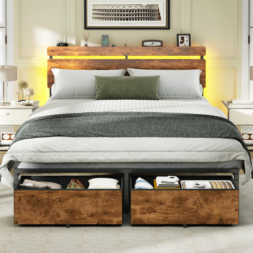 Forestell Queen Bed Frame with Wood Headboard, Metal Platform Bed with 2 Storage Drawers & Shelf, Built-in Charging Station & LED Lights, No Box Spring Needed, Vintage Brown, Cama Queen Size