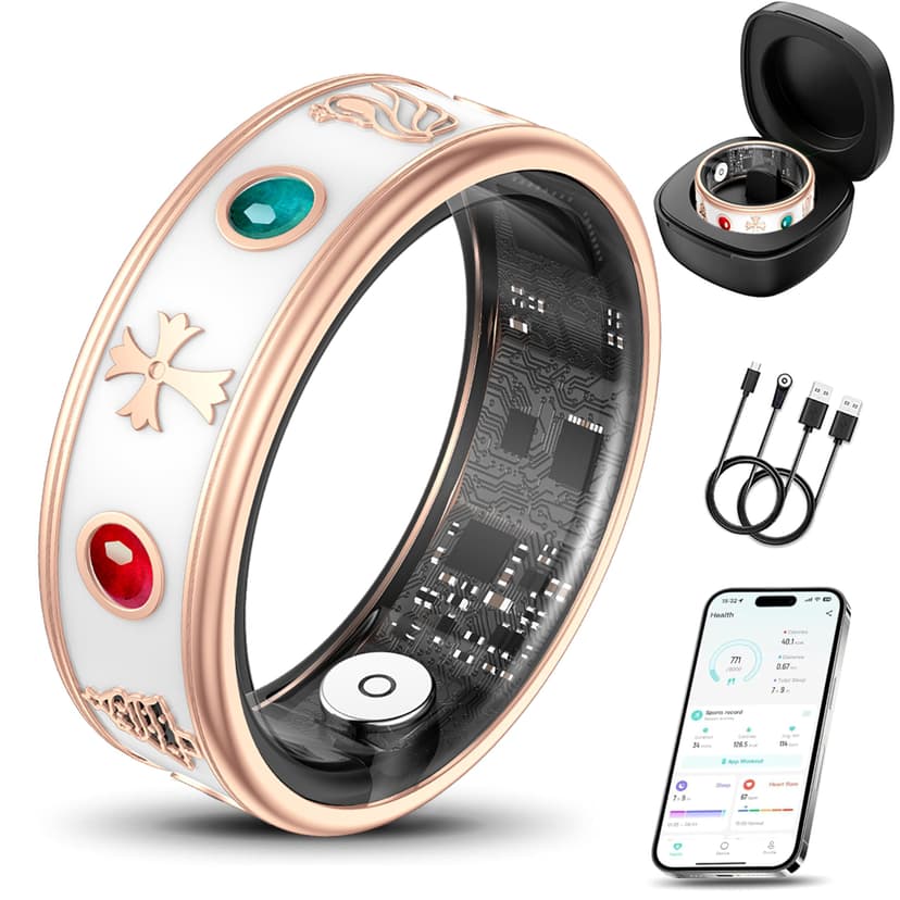Smart Ring for Women,Fitness & Activity Tracker with Blood Oxygen/Heart Rate Monitor, Sleep Tracker, Step Counter, IP68 Waterproof Ring for iOS&Android,Fast Charge,No Subscription (Rose Gold,Size9）