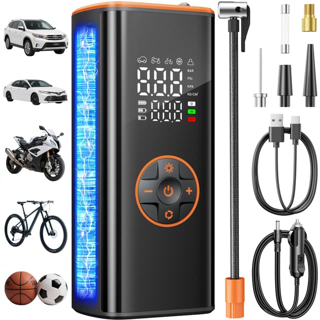 Sockspree Tire Inflator Portable Air Compressor 5 in 1 Cordless Smart Pump with Tire Pressure Gauge 150PSI and LED Lights for Cars Bikes Motorcycle Balls Custom Mode Inflatables Orange Black