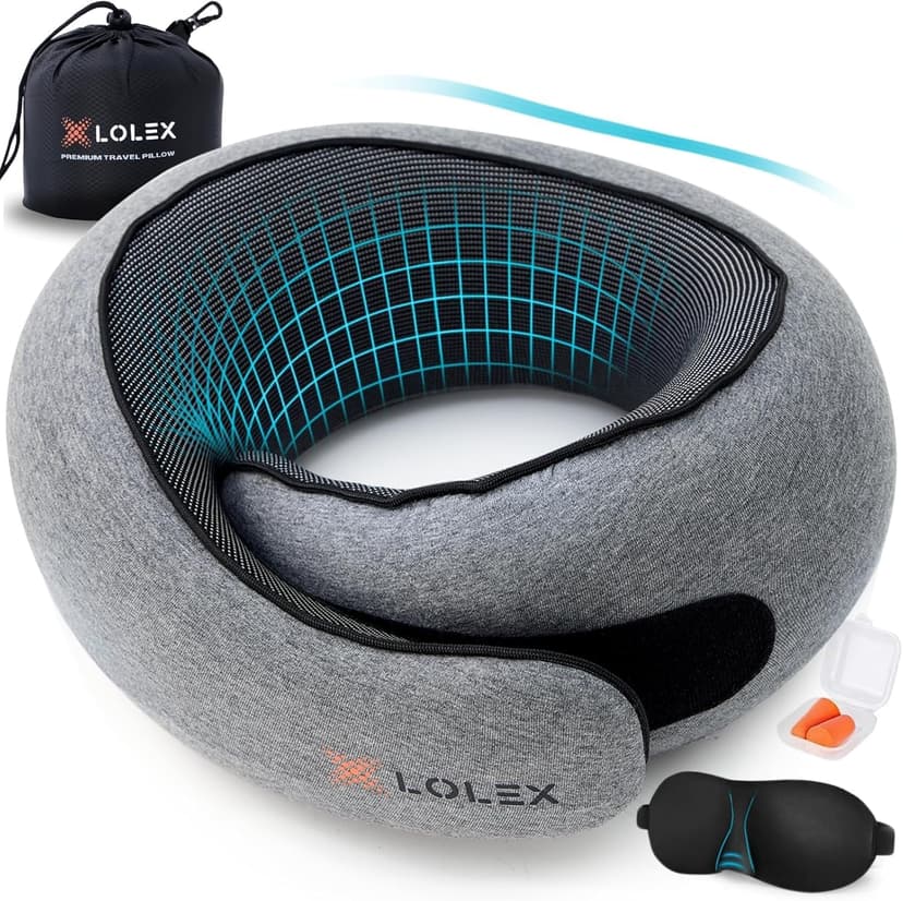 LOLEX™ Travel Pillow - Memory Foam Neck Support Pillow for Airplane, Car - Super-Soft Pure Cotton Fabric, Lightweight & Easy-to-Carry Full Travel Sleep Kit (Eye Mask, Earplugs) - Light Grey