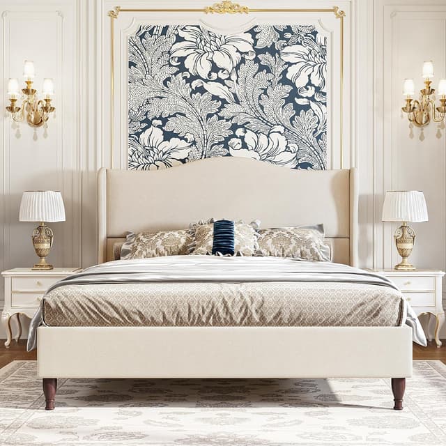 koorlian Queen Size Bed Frame Upholstered Platform Bed with 51" Tall Headboard Wingback, Soft Fabric, Retro Simple Style Platform Bed No Box Spring Needed, Easy Assembly, Beige