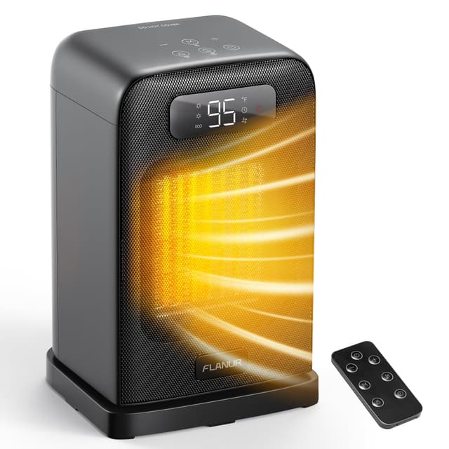 FLANUR Space Heaters for Indoor Use, 1500W Small Desk Heater with Remote, Thermostat, 4 Modes, 12H Timer, LED Display, Safety Protection, 70° Oscillating Heater for Office Bedroom Home (Black, 1Pack)