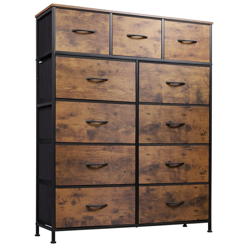 WLIVE Tall Dresser for Bedroom, Fabric Dressers Storage Tower, Dresser & Chest of Drawers Organizer Unit with 11 Drawers, Storage Cabinet, Hallway, Closets, Steel Frame, Wood Top, Rustic Brown