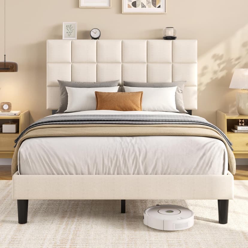 Fluest Full Platform Bed Frame with Linen Upholstered Adjustable Tall Headboard, No Box Spring Needed, Anti-Noise EVA Sponge, Easy Assembly, One-Box Shipping, 7.5 Inch Under Bed Storage, Beige
