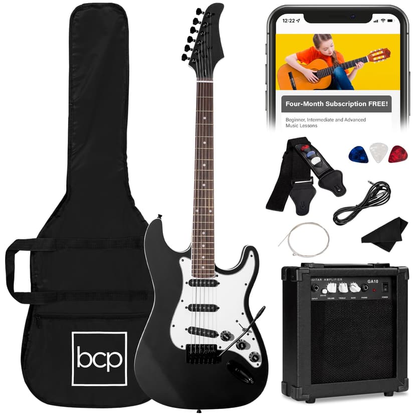 Best Choice Products 39in Full Size Beginner Electric Guitar Starter Kit w/Case, Strap, 10W Amp, Strings, Pick, Tremolo Bar - Jet Black