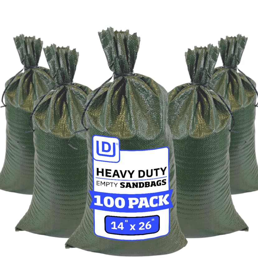 DURASACK Heavy Duty Sand Bags with Tie Strings Empty Woven Polypropylene Sand-Bags for Flood Control with 1600 Hours of UV Protection, 50 lbs Capacity, 14x26 inches, Green, Pack of 100