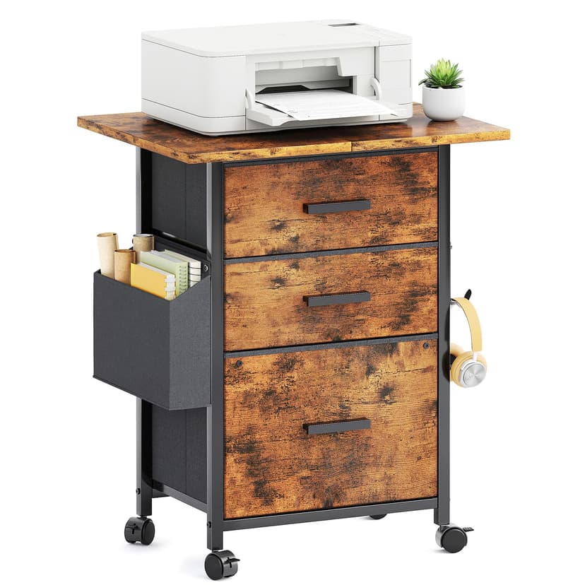 Mexin 3 Drawer File Cabinet with 24'' Extended Desktop, Mobile Filing Cabinet, Printer Stand, Rolling Printer Stand with Side Bag, Fabric Drawer, Fits A4 Size, Home Office,Rustic Brown